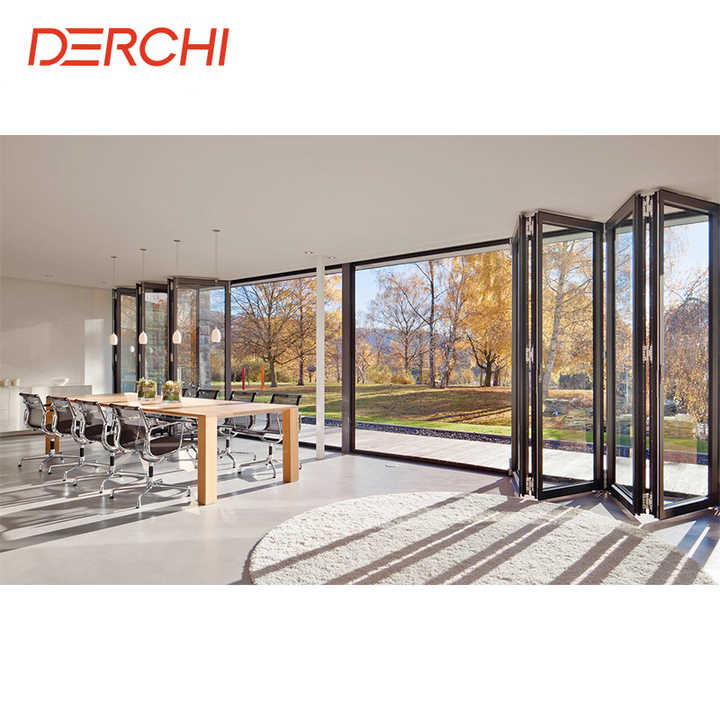 DERCHI NFRC铝折叠门样品价格热破碎玻璃外部天井手风琴门双层玻璃双折门| Alibaba.com