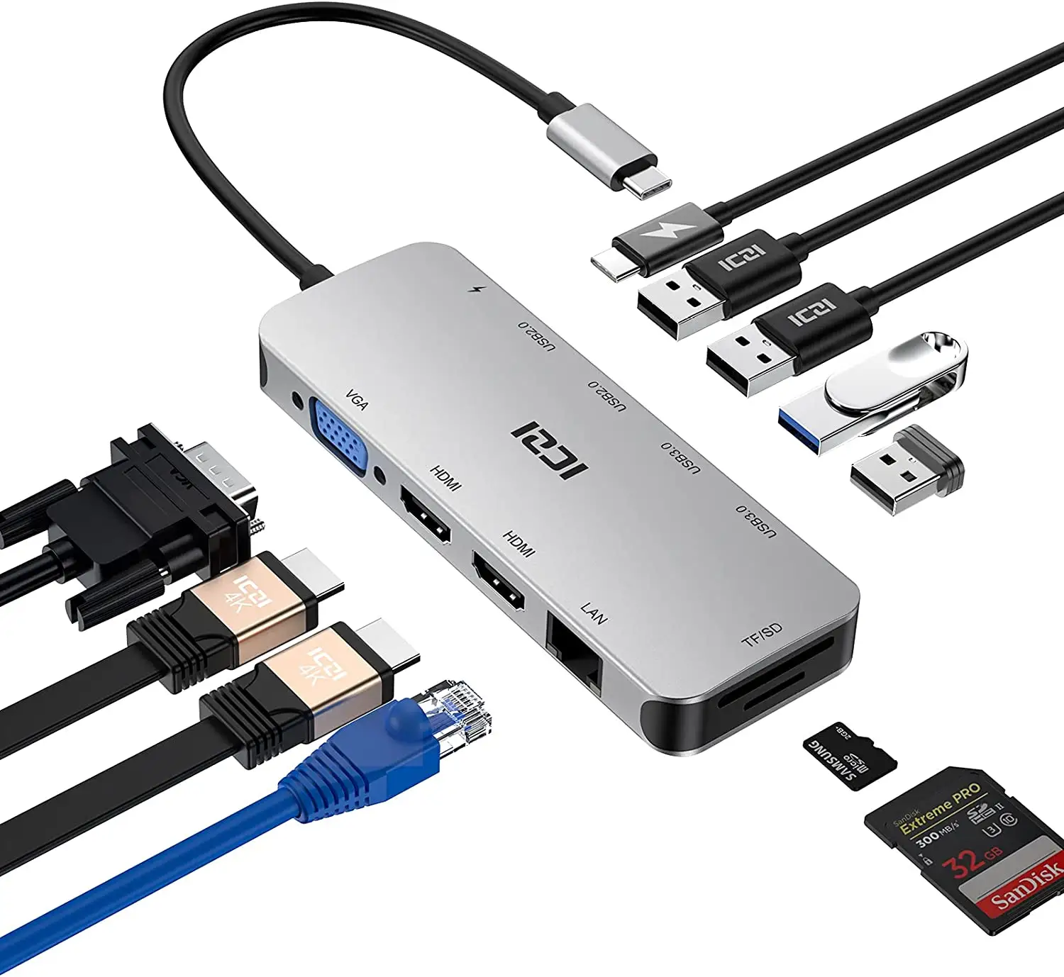 المزدوج محطة الإرساء HD-MI ICZI USB C محور 11 في 1 USB C متعدد المنافذ محول مع 2 HD 4K 30Hz ، 4 USB 3.0 / 2.0 ، جيجابت إيثرنت ،