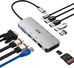 双高清MI扩展坞ICZI USB C集线器11合1 USB C多端口适配器，带2个高清4K 30Hz、4个USB 3.0/2.0、千兆以太网，