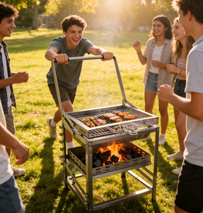 Barbecue au charbon Ergocar, multifonctionnel, portable, rotatif, hauteur réglable, aération, plateau à charbon à 4 niveaux, pour fumer, pique-niques - Product Image 1