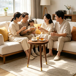 Table basse ronde moderne en bois massif avec pieds dorés – Écologique, durable et facile à nettoyer <span class=keywords><strong>pour</strong></span> le salon - Product Image 3