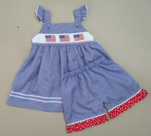 Patriotic American Flag Smocked Kids Clothes Set Fourth of July Toddler Outfit Gingham <b>Short</b> Set <b>Romper</b> Collection - Product Image 1
