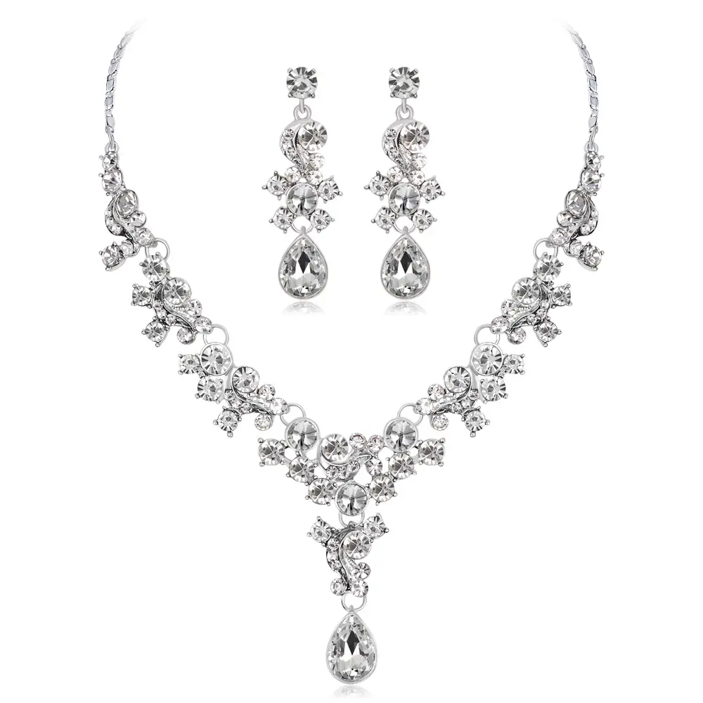 2021 trendy gold stainless steel jewlery Flower Leaf Necklace Earrings Set Austrian CZ Zircon Crystal jewellery sets for women