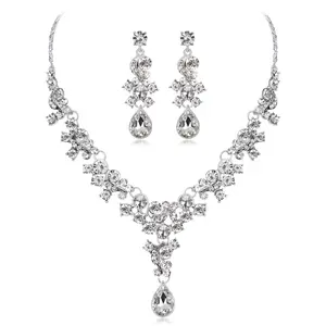 2021 trendy gold stainless steel jewlery Flower Leaf Necklace Earrings Set Austrian CZ Zircon Crystal jewellery sets for women