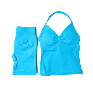 طقم رياضي نسائي من قطعتين قابل للتنفس، توب بدون ظهر وشورت ضيق بدون خياطة، ملابس رياضية للتمارين - Product Image 4