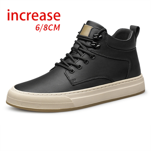 Autumn Trendy Cowhide Leather Mid-Top Men's Sneakers 8cm Breathable Height-Increasing <b>Shoes</b> British Style Casual Sports Sneakers - Product Image 1