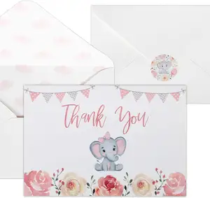 MYWAY Cartões de agradecimento com envelopes para bebês, cartões personalizados em aquarela com elefante rosa para meninos e meninas, cartões de graça para bebês