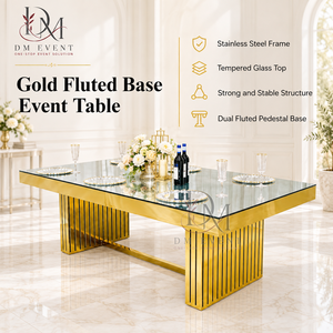 Mesa de Banquete Rectangular de Lujo con Espejo de Acero Inoxidable Dorado y Base de Doble Pedestal con Listones para Eventos, Venta al Por Mayor - Product Image 1
