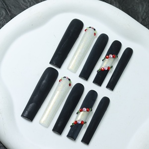 Uñas postizas de lujo acrílicas 3D de cobertura completa, largas, estilo ataúd, con puntas francesas, de alta calidad, hechas a mano, para pegar en el dedo. - Product Image 1