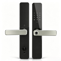 Cerradura Inteligente Moderna Negra para Puerta con Palanca, Huella Dactilar, Contraseña, Tarjeta, Llave, Desbloqueo por Wi-Fi, Control por App Tuya en la Nube para Seguridad del Hogar en Madera