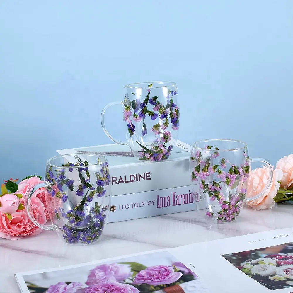 Insulated Flowers Coffee Mug Cup Factory Custom Double Wall Clear Glass Tea Cup Drinking Glasses