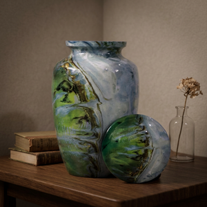 Vase funéraire rond en aluminium émaillé texturé vert, de style religieux traditionnel et moderne, pour cendres humaines, ZNC - Product Image 1