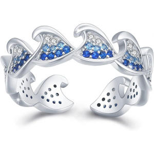 Verzilverde Vrouwelijke Ingelegde Blauwe Zirkoon Steen Golf Ontwerp Trouwringen Beloven Open Verstelbare Verlovingsjuwelen Voor Vrouwen - Product Image 1