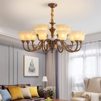 Grand Lustre Vintage en Laiton Décoratif pour Salon Villa Duplex Éclairage Cuivre Plafond Abat-Jour en Verre Suspension Lampe