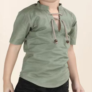 T-shirt décontracté vert à manches courtes en coton style Kurta pour garçons avec col en dentelle – Haut confortable pour le quotidien des enfants - Product Image 1
