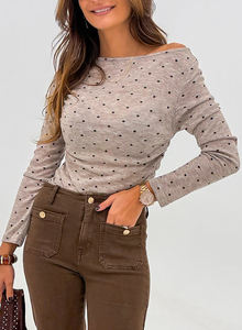 Dear-Lover Vente en gros de t-shirts pour femmes en tricot à manches longues à col bateau à pois marron foncé - Product Image 3