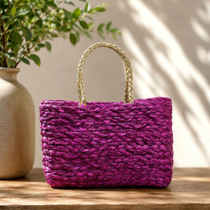 Handwoven Purple <b>Rattan</b> <b>Storage</b> Basket with Natural Handle Rectangle Shape Multi-Purpose Neatening Basket - Product Image 1