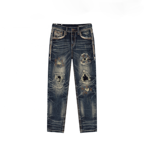 Jean en <span class=keywords><strong>denim</strong></span> déchiré pour homme, coupe droite, broderie à points épais, taille mi-haute, en coton, style décontracté, pour l'automne - Product Image 3