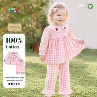 Puresun Livraison Rapide Ensembles de Vêtements pour Garçons Saint-Valentin OEM 100% Coton Applique Cœur Pantalon à Carreaux Bleus 1-6 Ans Vente en Gros