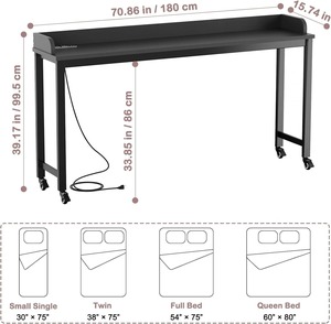 Vente en gros en usine Bureau noir pour ordinateur portable à roulettes <span class=keywords><strong>Table</strong></span> <span class=keywords><strong>de</strong></span> <span class=keywords><strong>lit</strong></span> King avec 2 prises secteur et 2 ports USB pour le rangement <span class=keywords><strong>de</strong></span> la chambre à coucher ou <span class=keywords><strong>de</strong></span> l'appartement - Product Image 5