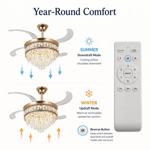 Ventilateur de plafond en cristal de 48 pouces avec lumière LED, moteur DC et télécommande pour salon, lustre moderne - Product Image 3