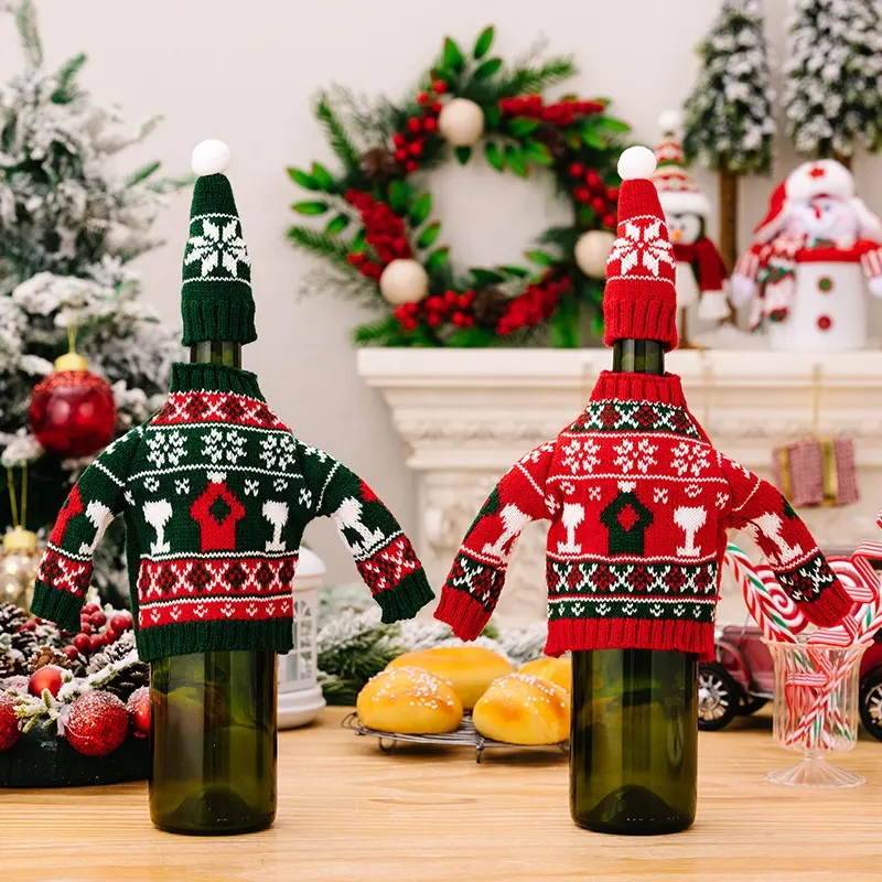 Botella de vino de Navidad Suéter Cubierta Vestido de punto Sombrero Conjuntos Cubierta de botella de vino para decoraciones de fiesta de Navidad
