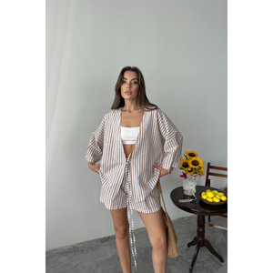 Conjunto de túnica y pantalones cortos a rayas beige, conjunto de verano para mujer, ropa informal holgada, talla S - Product Image 3