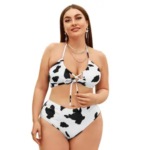 Beautiful Cow Printed Fat Women Tankini, Open Swim Plus Size Bathing Suit/High Waist Bikini Set