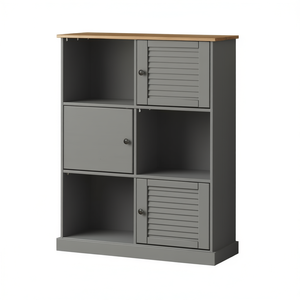 Grey <b>Solid</b> Pine <b>Wood</b> <b>Bookcase</b> 6 Cubbies Metal Accents Modern Living Room Furniture - Product Image 1