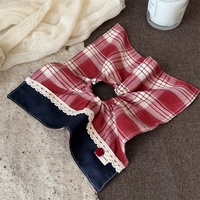 Accessoire Cheveux Femme Fille Style Preppy Japonais Coréen Vintage, Élastique à Cheveux en Dentelle à Motif Écossais Rouge et Blocs de Couleurs Bleu Marine