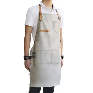 customs design LOGO White Kitchen Chef BBQ Apron Washed Cotton Canvas Leather Work Apron For Men And Women