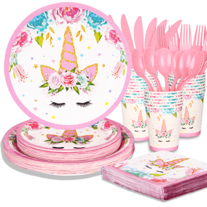 Suministros de fiesta de cumpleaños para niños, juego de platos de papel con tema de unicornio, juego de <span class=keywords><strong>vajilla</strong></span> desechable para fiesta de cumpleaños para niños - Product Image 1