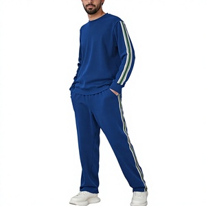 Men's Blue <b>Knitted</b> Sweatshirt And Sweatpants <b>Set</b> Crew Neck Solid Color Casual Autumn Wear Solid color autumn outfit Bangladesh - Product Image 4