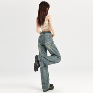 Interior Real Shot Design American <span class=keywords><strong>Jeans</strong></span> Retro Azul Pierna ancha Pantalones rectos holgados Pantalones de fregona Pantalones - Product Image 5