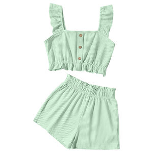 Completi Estivi <span class=keywords><strong>per</strong></span> Bambine, Set Carino con Maglietta a Righe con Volant in Maglia e Pantaloncini, Outfit in 2 Pezzi <span class=keywords><strong>per</strong></span> Uso Quotidiano e Feste - Product Image 3