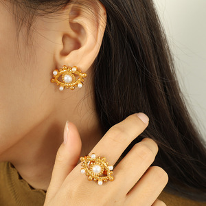 Pearl Stud Earrings Gold Eye Design AAA Pearl Bezel Setting Party Jewelry Women's Earrings <b>Adjustable</b> <b>Ring</b> Set - Product Image 4