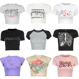 Custom Logo Groothandel Hoge Kwaliteit 100% Katoen Plus Size Dames Cropped Tops Geribbeld Blanco Poff Zeefdruk T-Shirt