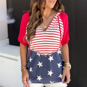 2024 Wholesale Casual Ladies T-Shirts Short Sleeve Fiery Red Stars and Stripes Print Drawstring Hooded T Shirt