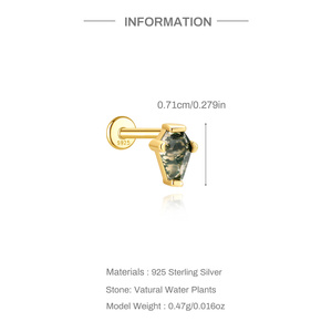 Piercing Labret de Plata de Ley S925 con Ágata Verde Musgo, Diseño Geométrico de Rombo, Parte Trasera Plana - Product Image 6