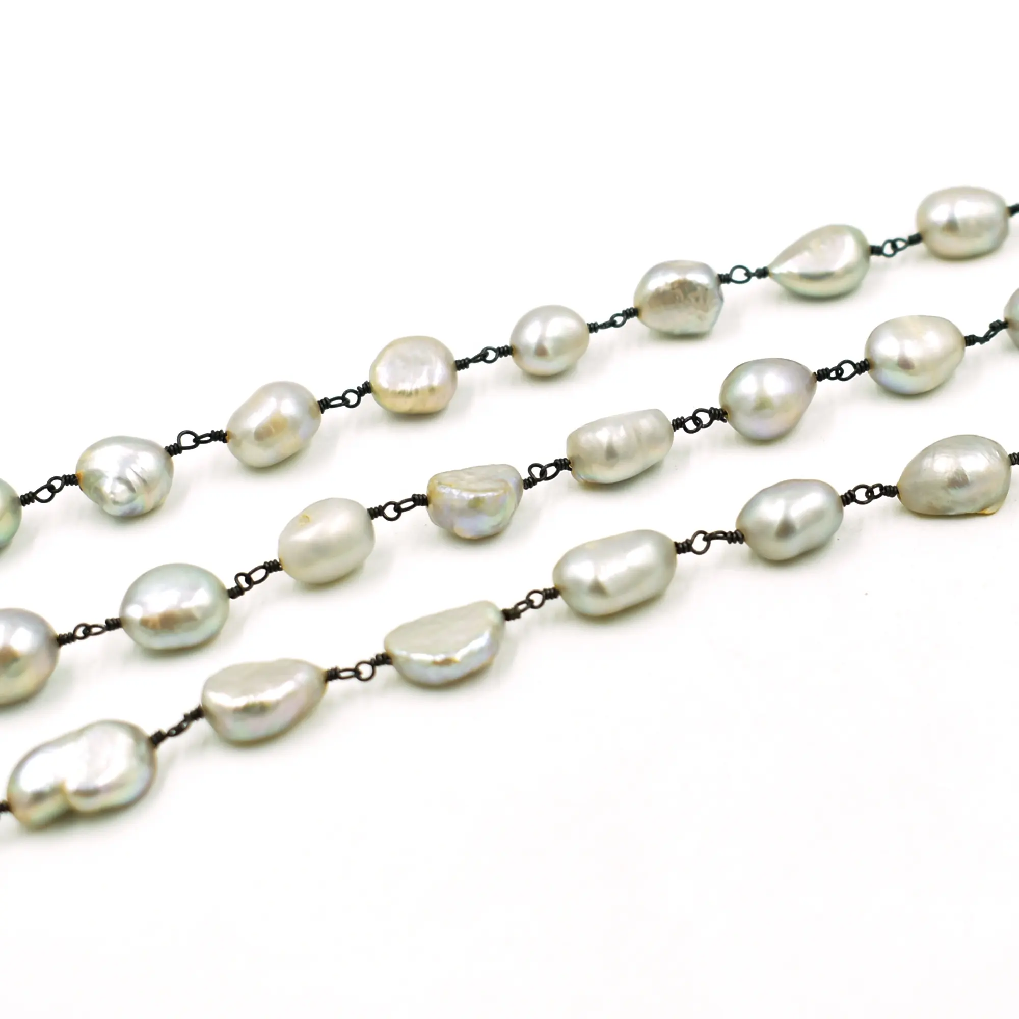 Grey Pearl Rosary Chain BIG Size Pearl Rosary Chain, Metal Rosary Chains With Coated Grey Pearls, 100% Natural Genuine Gemstone