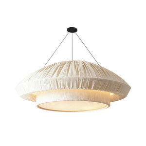 Lustre de style vintage français, 80 cm, 100 cm, luminaire suspendu rond en tissu pour salon, décoration intérieure, éclairage chaud et crémeux - Product Image 5