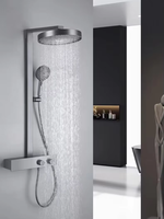 Système de douche mural en laiton noir avec pommeau cascade thermostatique et douchette à jet/pluie pour usage hôtelier