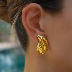 Fashion Water Drop Stud Earrings PVD 18K Gold Plated Stainless Steel Textured Irregular Teardrop Earrings Jewelry Women