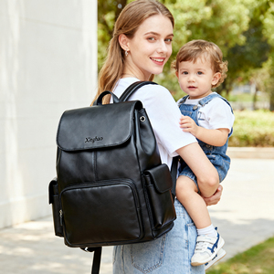 Mới được thiết kế màu đen gneuiune túi da cao cấp tã Ba lô nhà sản xuất tùy chỉnh rộng rãi xác ướp ba lô với logo dập nổi - Product Image 3