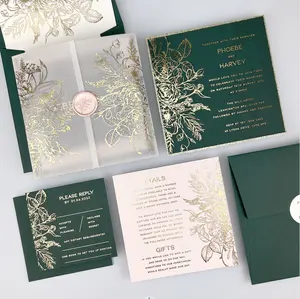 Ensemble de cartes d'invitation de mariage, cartes d'invitation de mariage d'amour de couleur vert émeraude et or/