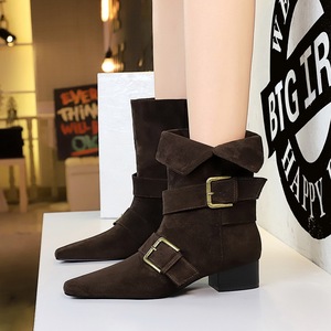 Retro Western Style 2026 Pointed Toe Belt Buckle Thick Heel Suede Fashion Women's Ankle <b>Boots</b> - Product Image 3