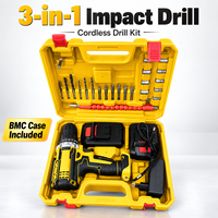 Kit de perceuse à percussion sans fil 3-en-1 en gros, 10 mm, 45 N.m, 2 vitesses, avec 2 batteries et mallette BMC