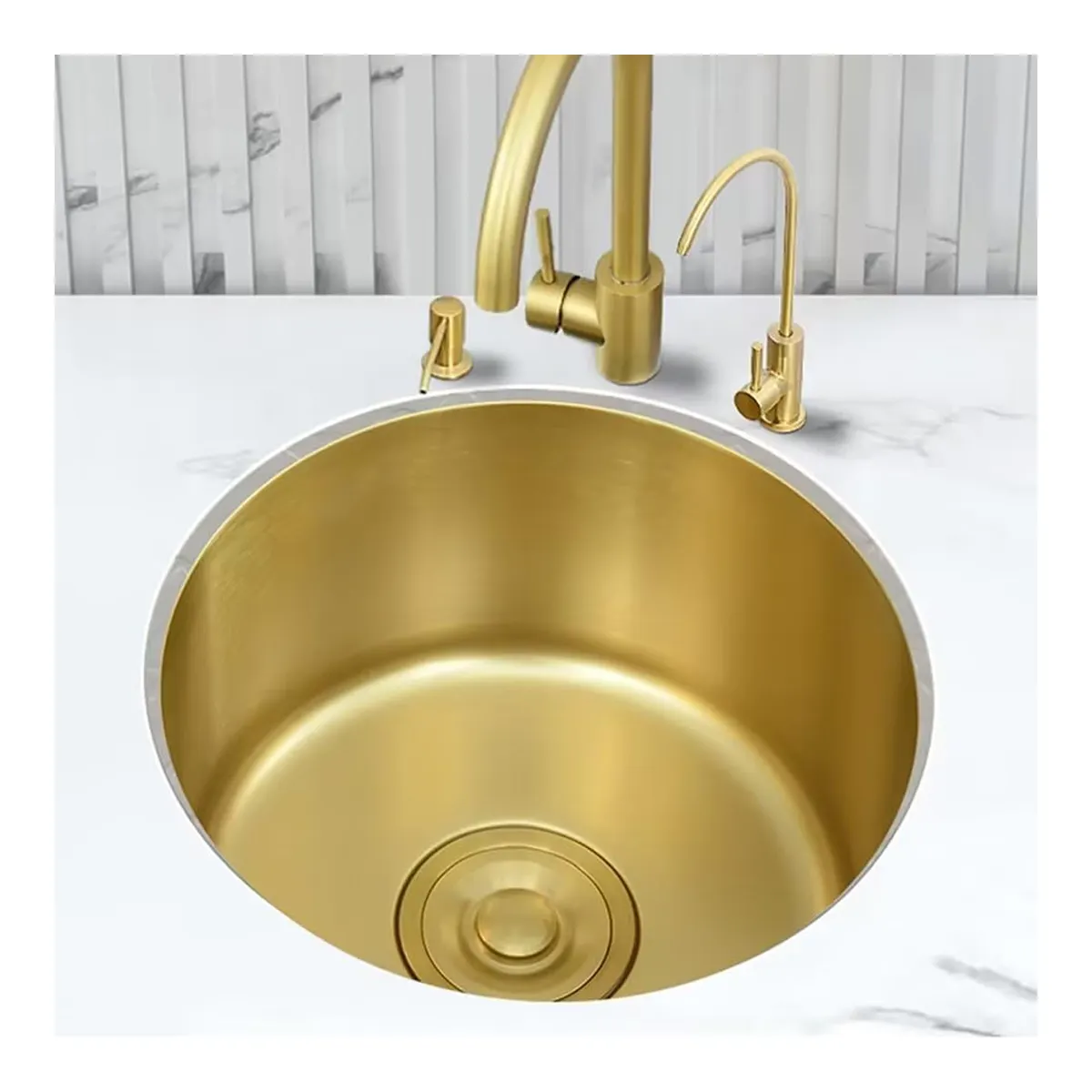 SUS304 Gold Brushed Stainless Steel Round Kitchen Basin Sink