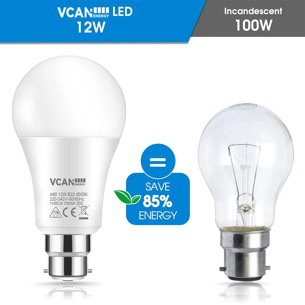 VCAN B22 lampadine a LED Super luminoso 1100LM 12W A60 glassato globo lampade da Golf risparmio energetico per soggiorno camera da letto lampadina a Led B22