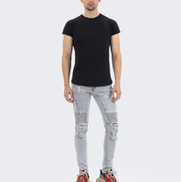 Nouveau jean pour homme pantalon slim stretch à jambe droite pantalon plissé décontracté déchiré jeune jean motard
